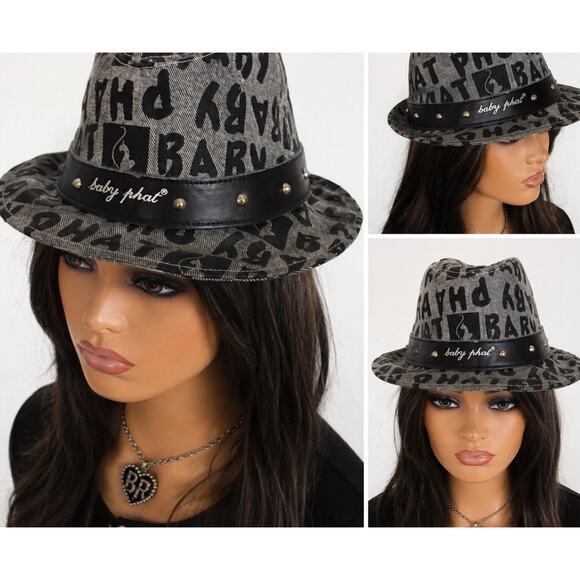Vtg Baby Phat Fedora Hat Y2K Logo Spellout Monogram Studded Gray Black Denim main image 6